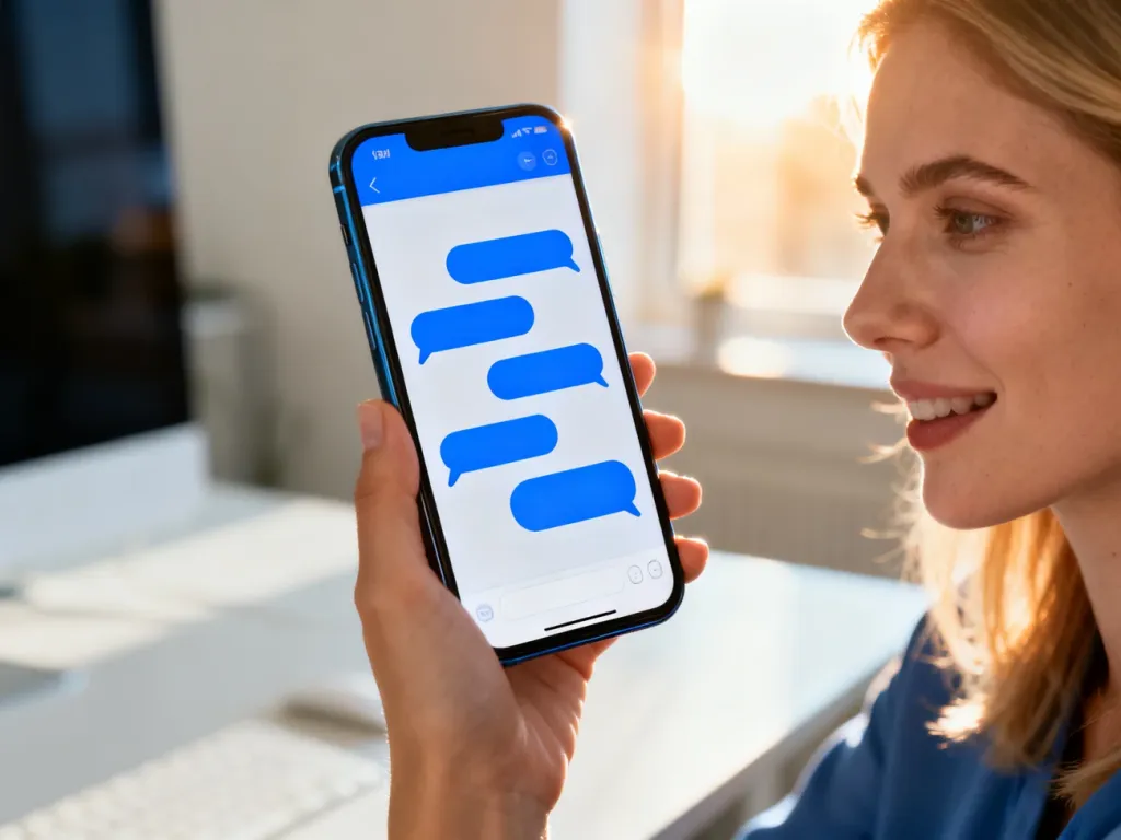 Kobieta trzymająca smartfon z otwartym interfejsem czatu iMessage w jasnym, nowoczesnym biurze.