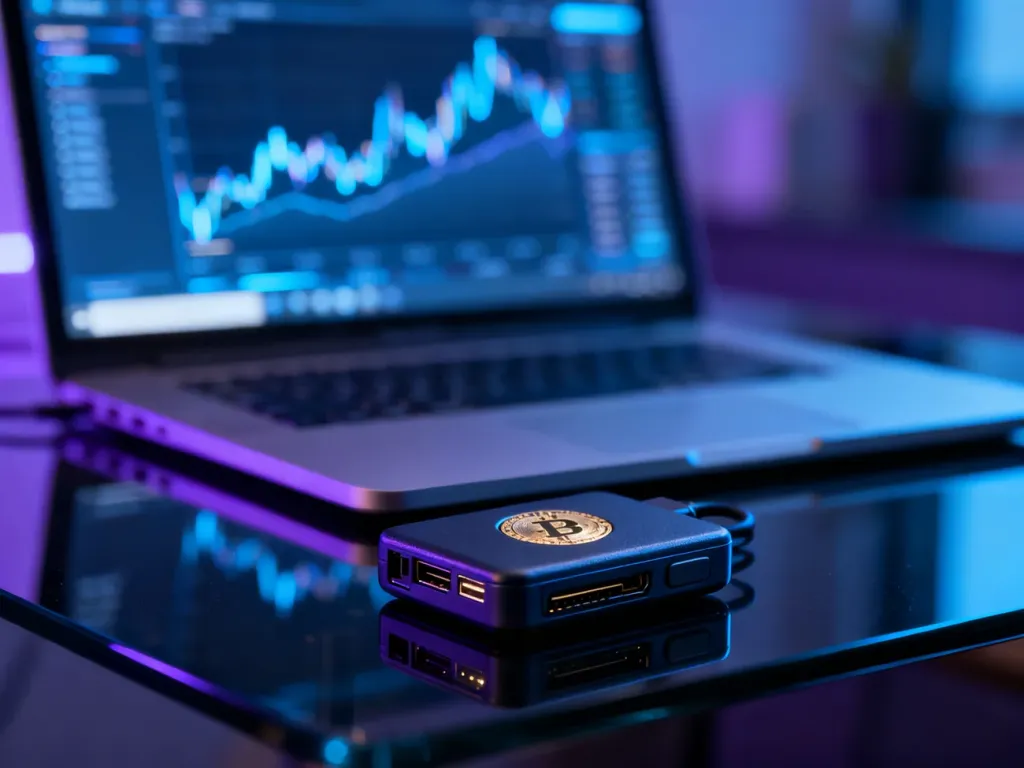 Nowoczesny portfel sprzętowy do kryptowalut leżący na szklanym blacie w otoczeniu rozmytego ekranu z wykresami finansowymi.