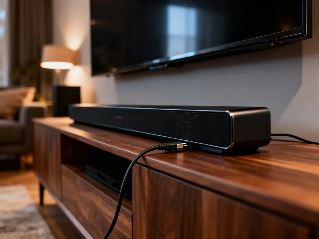 Nowoczesny soundbar podłączony kablem HDMI do telewizora w przytulnym salonie.