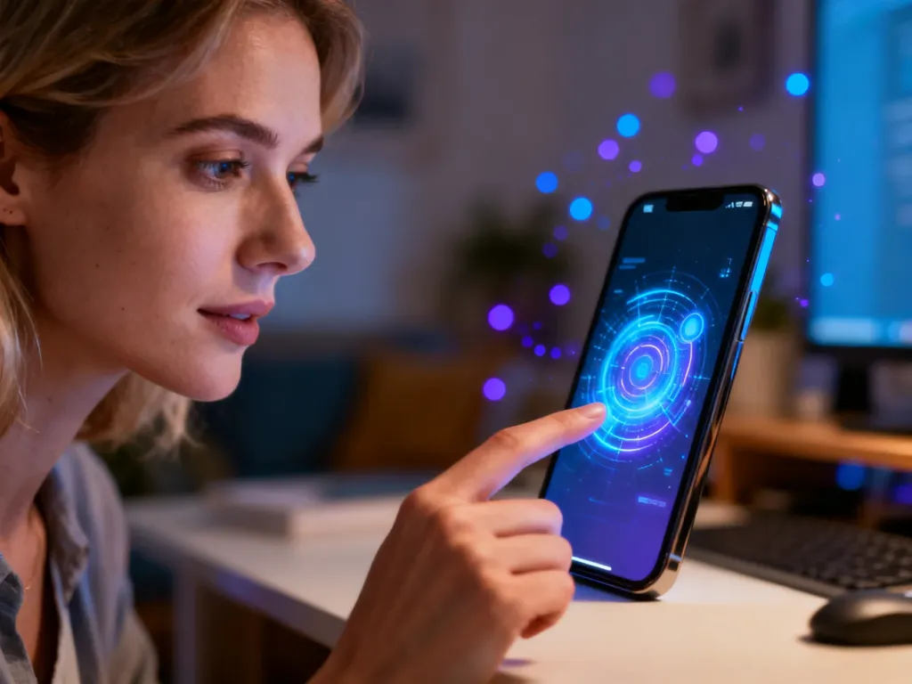 Kobieta obsługująca smartfon z wyświetlonym interfejsem cyfrowego asystenta w przytulnym domowym biurze.