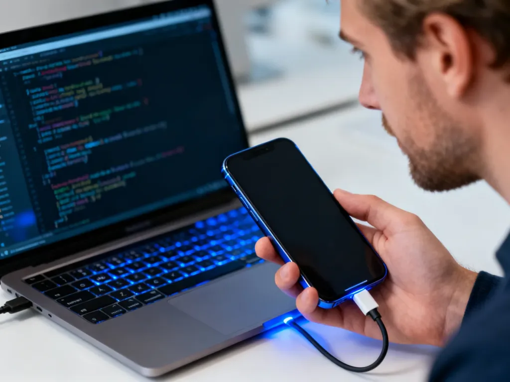 Mężczyzna podłącza smartfon kablem USB do laptopa, na którego ekranie widać wiersze kodu w trybie Fastboot.
