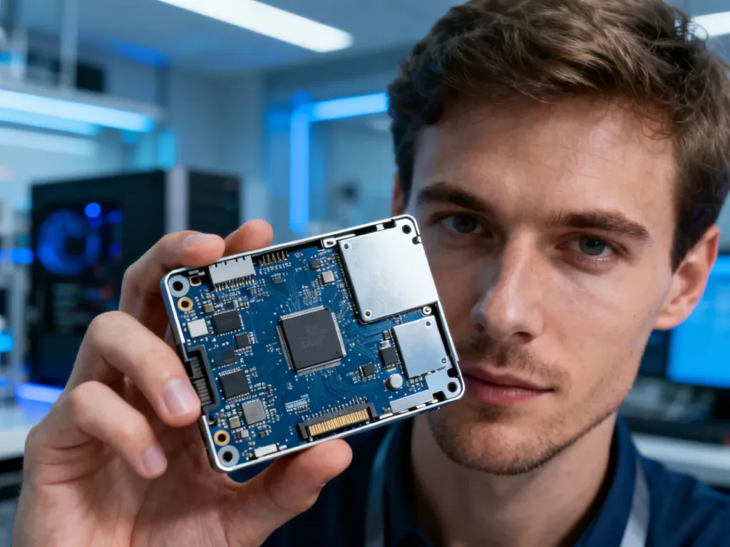 Dłoń trzymająca płytkę drukowaną nowoczesnego dysku SSD w profesjonalnym laboratorium komputerowym.