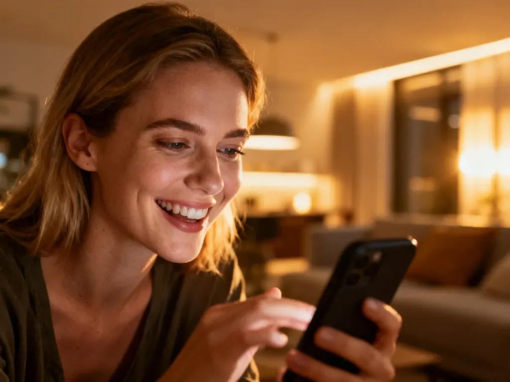 Kobieta z uśmiechem prowadzi rozmowę wideo na smartfonie w przytulnym salonie.