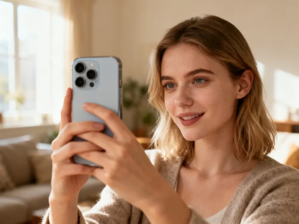 Młoda kobieta robi sobie autentyczne zdjęcie typu selfie za pomocą smartfona w przytulnym, nasłonecznionym salonie.