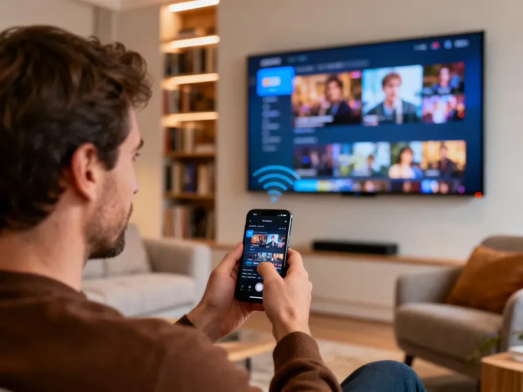 Mężczyzna przesyłający bezprzewodowo obraz ze smartfona na telewizor w nowoczesnym salonie.