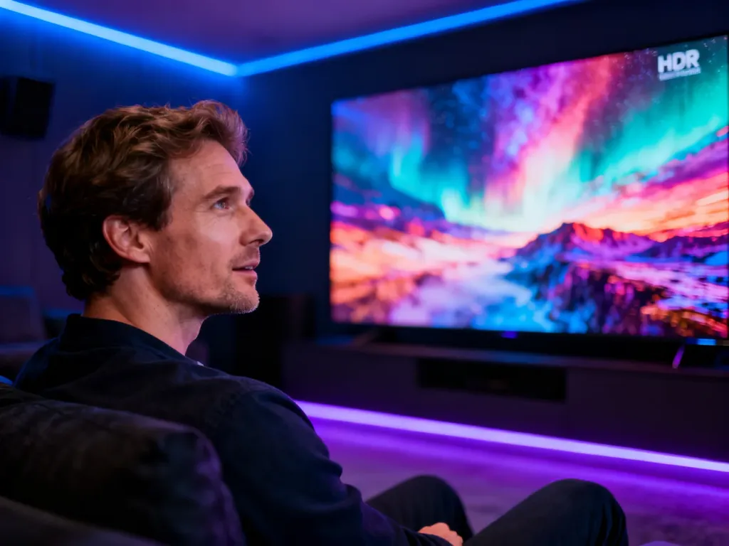 Mężczyzna oglądający film na telewizorze z technologią HDR w domowym kinie o nastrojowym oświetleniu.