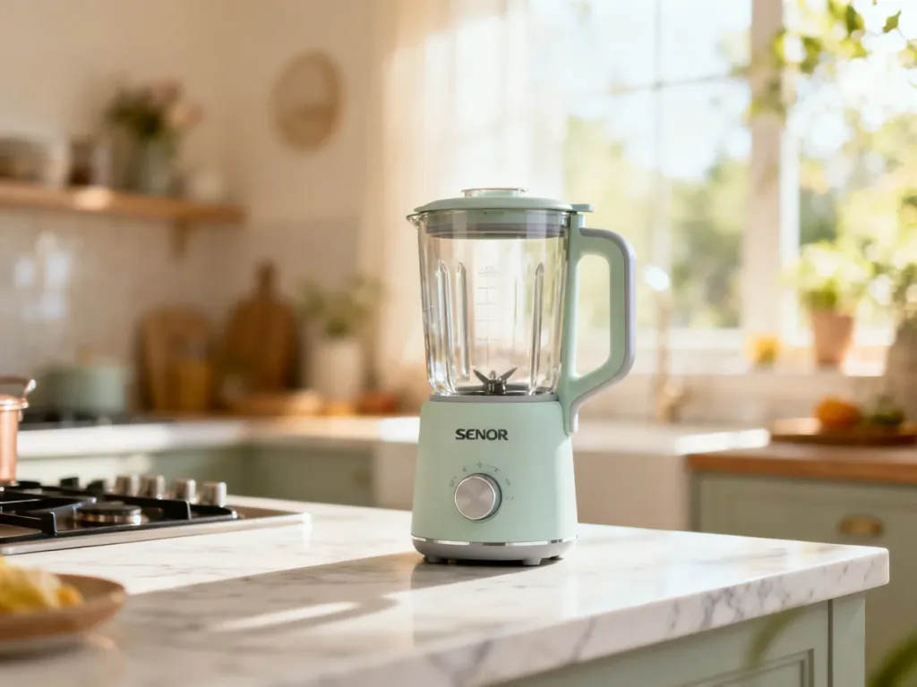 Nowoczesny czajnik lub blender marki Sencor na marmurowym blacie w jasnej, przytulnej kuchni.