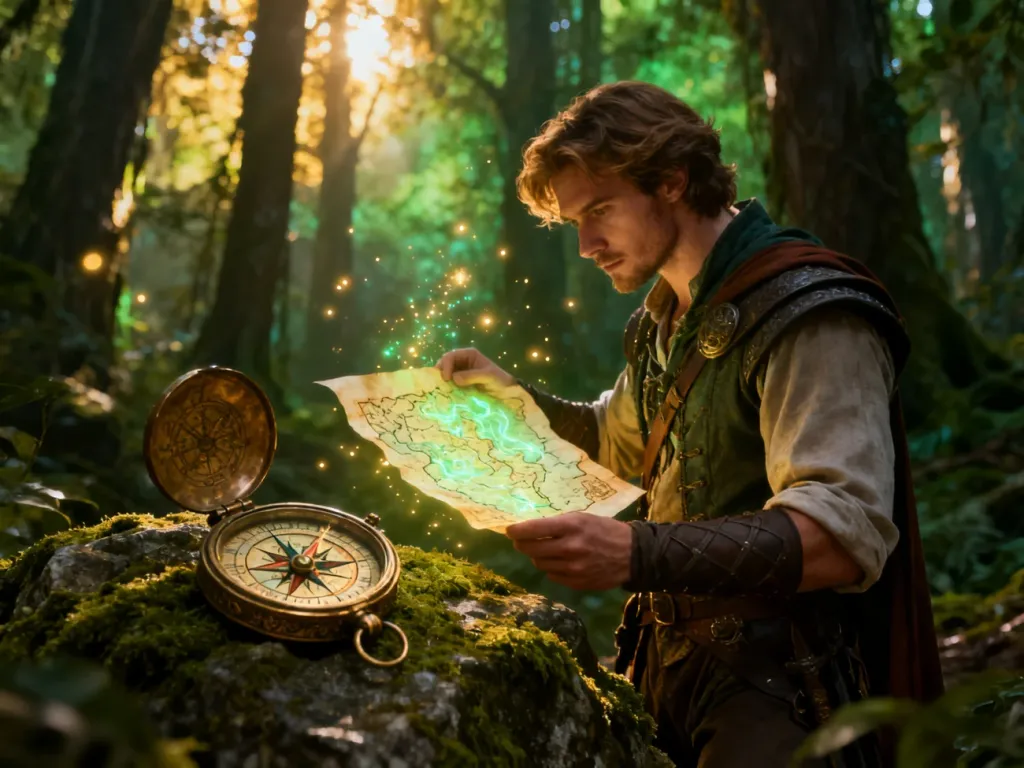 Poszukiwacz przygód w magicznym lesie analizuje świecącą mapę, co symbolizuje podejmowanie pobocznych zadań w grach RPG.