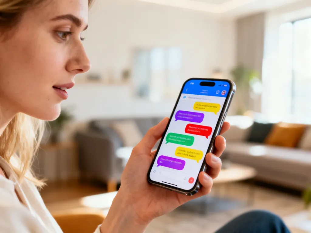 Kobieta trzymająca smartfon z otwartą aplikacją Viber, prezentującą kolorowy interfejs czatu.