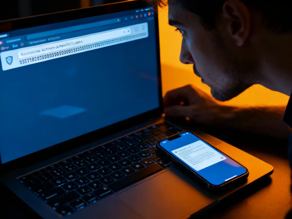 Osoba sprawdzająca podejrzany adres internetowy banku na laptopie
