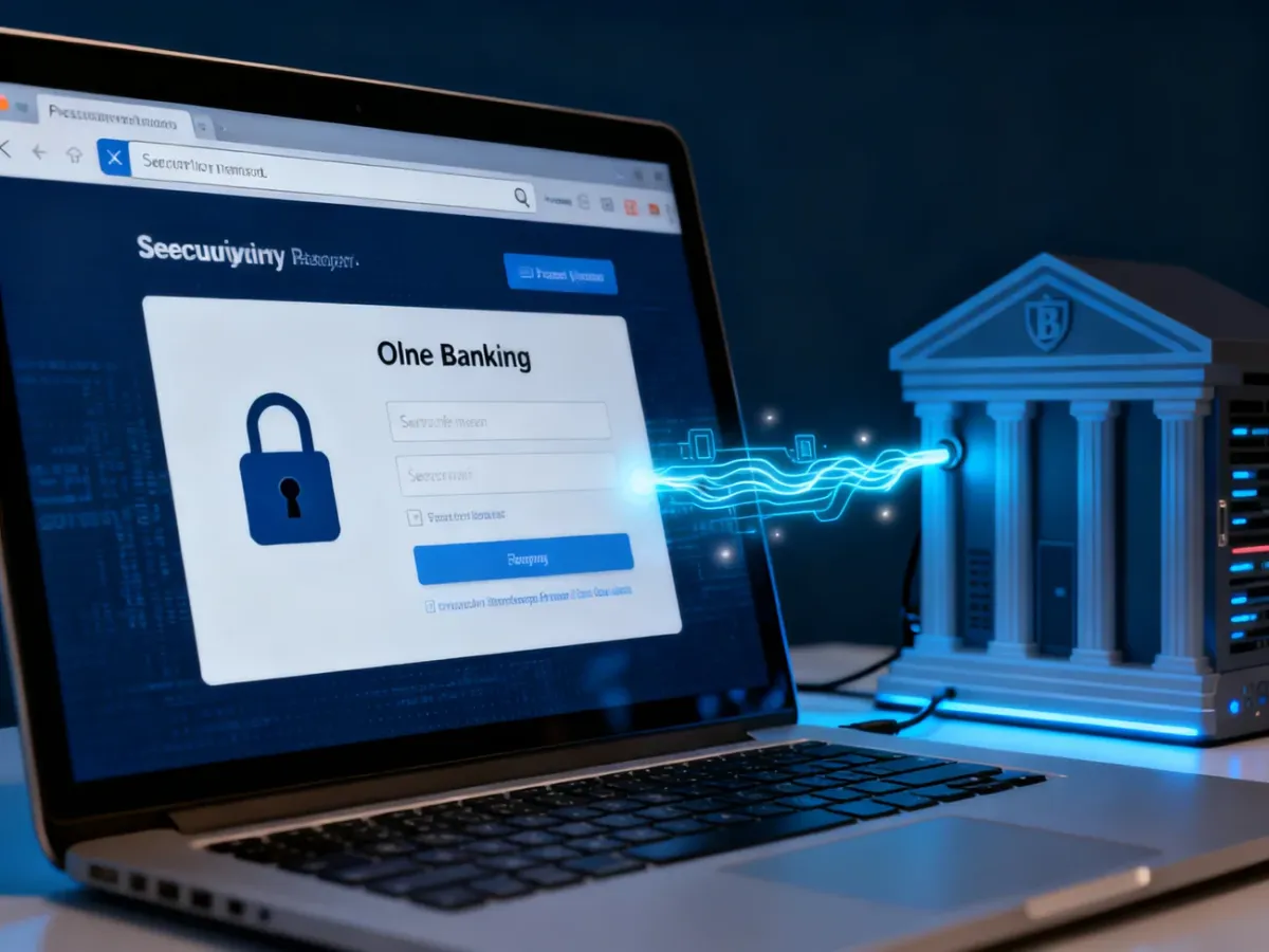 Laptop with online banking connection secured by a padlock icon