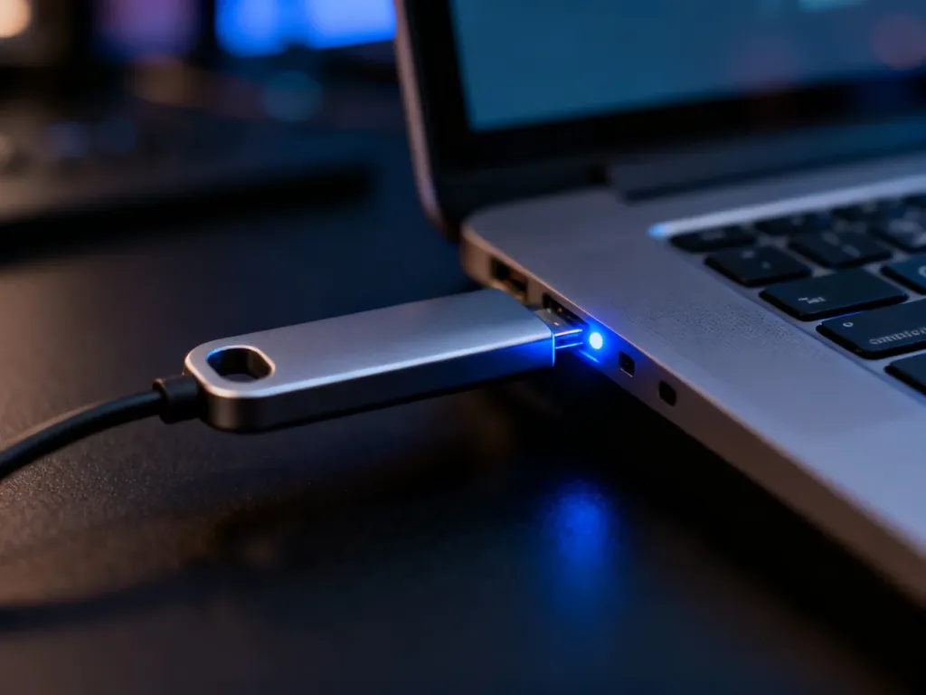 Klucz bezpieczeństwa U2F wpięty do portu USB laptopa, sygnalizujący aktywną autoryzację niebieskim światłem LED.