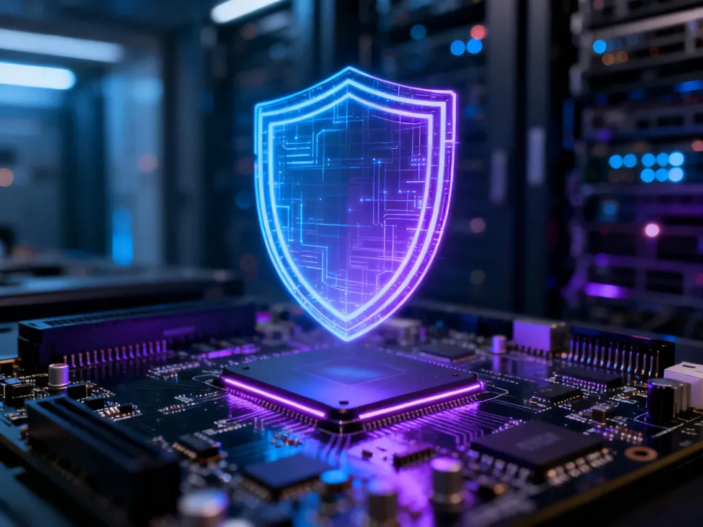 Świecąca cyfrowa tarcza nad płytą główną komputera, symbolizująca ochronę systemu przed cyberatakami.