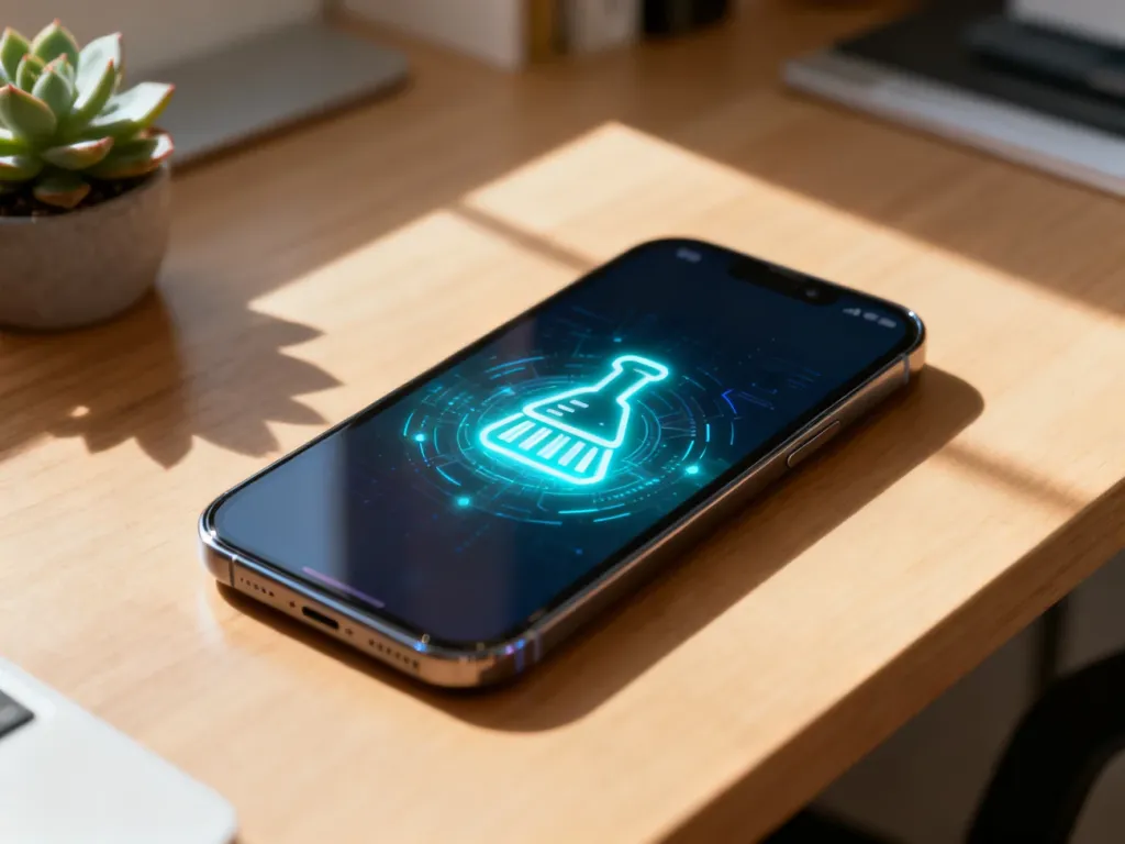 Nowoczesny smartfon na drewnianym biurku z ikoną czyszczenia danych na ekranie, symbolizujący optymalizację urządzenia.
