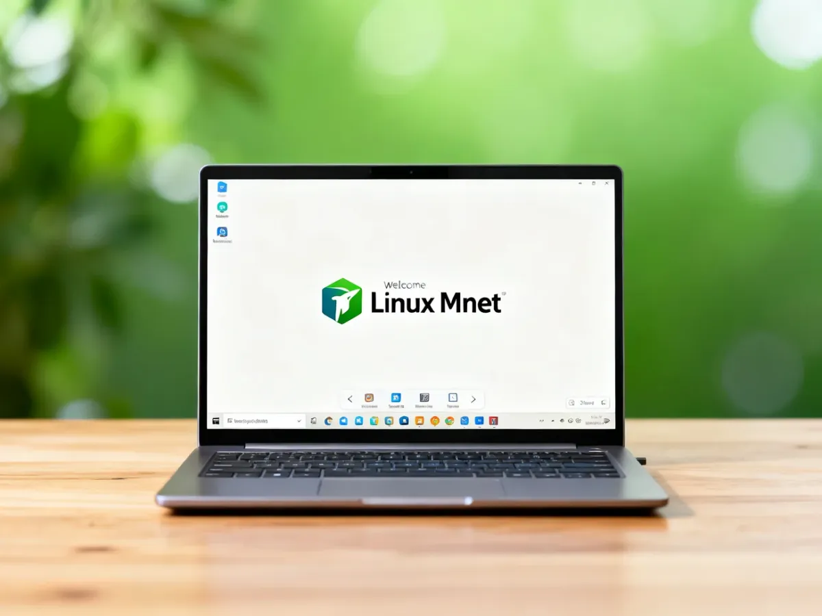 Laptop displaying a welcoming Linux Mint desktop in a bright home office