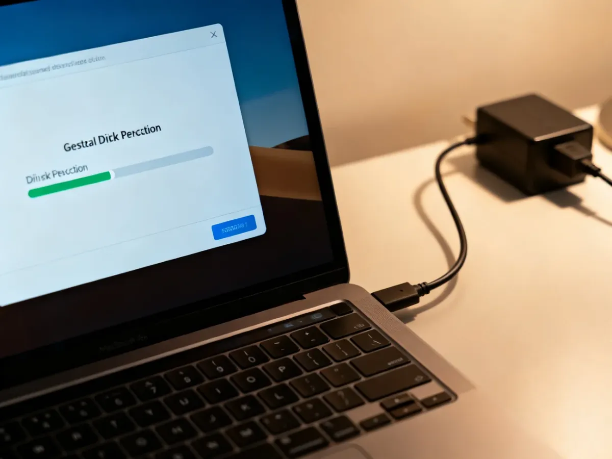Laptop podłączony do zasilania podczas postępu szyfrowania dysku