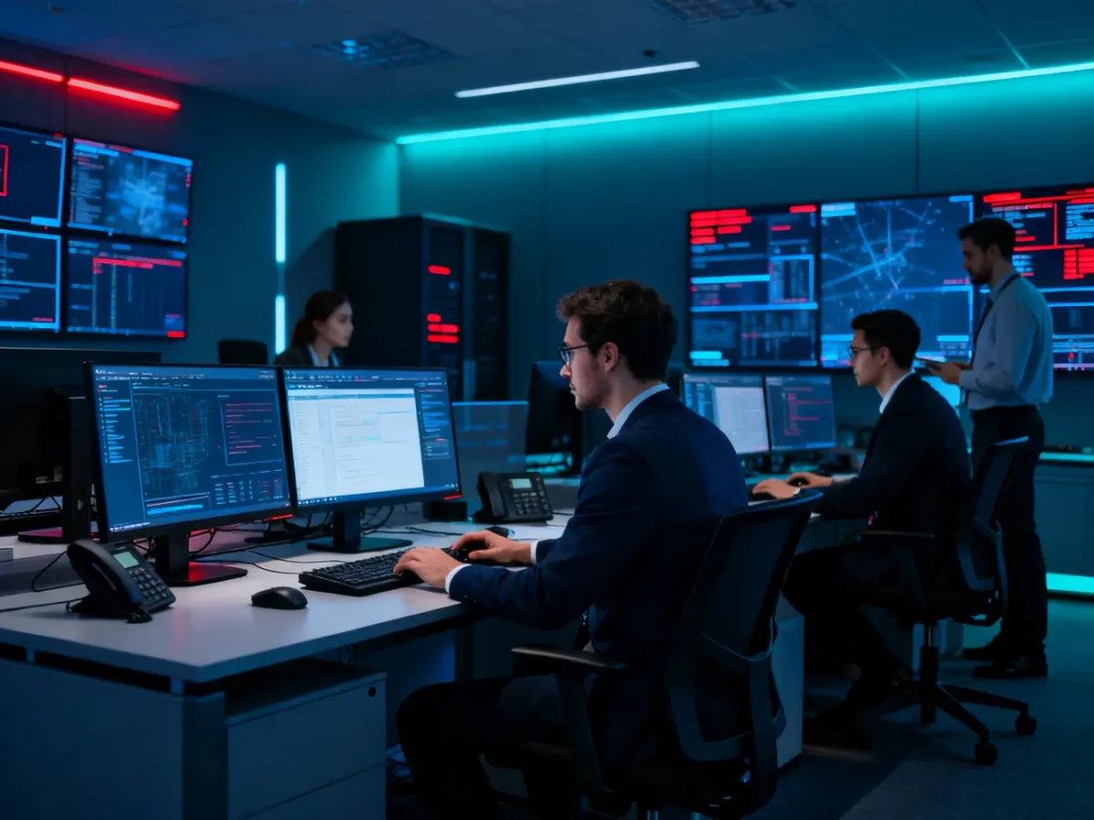 Zespół bezpieczeństwa analizujący incydent w centrum operacji cyberbezpieczeństwa