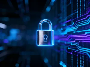 Świecąca cyfrowa kłódka nad płytą główną komputera, symbolizująca ochronę danych przed atakami typu ransomware.