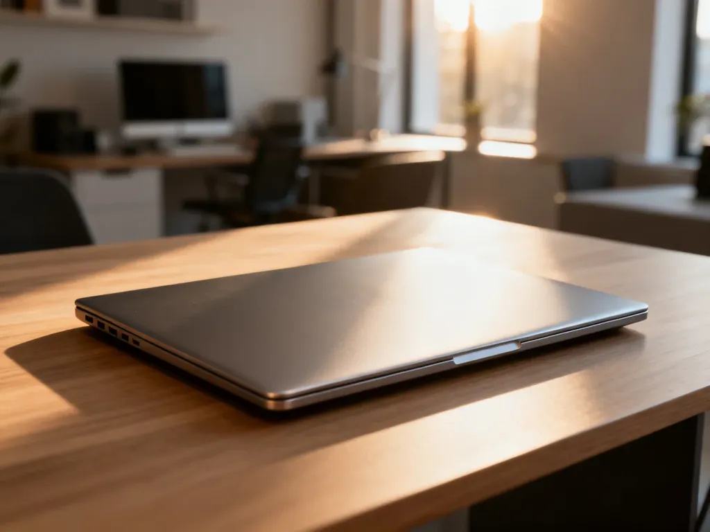 Smukły, metalowy ultrabook na minimalistycznym biurku w słonecznym, nowoczesnym biurze domowym.