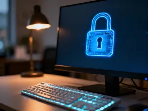 Świecąca cyfrowa tarcza na tle serwerowni, symbolizująca ochronę danych i bezpieczeństwo systemów informatycznych.