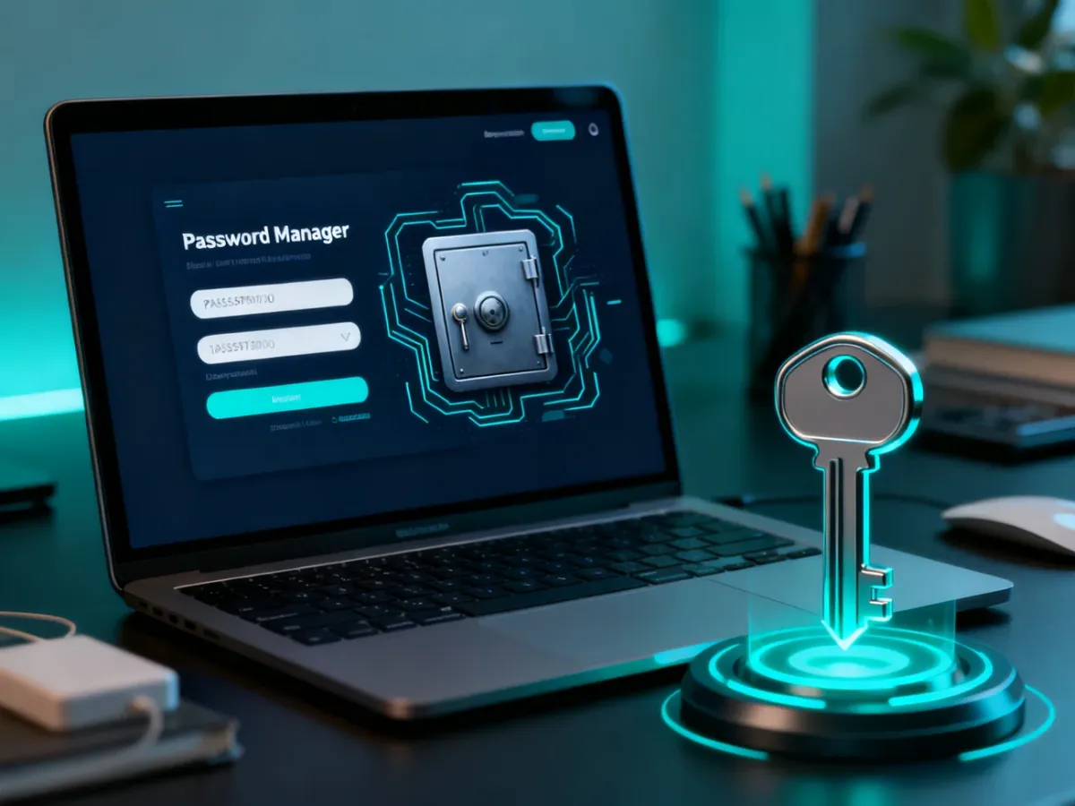 Laptop displaying a secure password manager vault