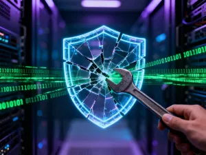 Świecąca cyfrowa kłódka nad płytą główną komputera, symbolizująca ochronę danych przed atakami typu ransomware.