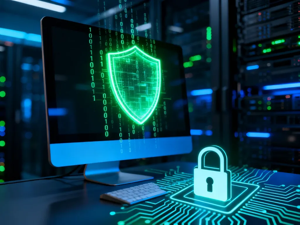 Cyfrowa tarcza chroniąca monitor przed złośliwym kodem, symbolizująca skuteczne zabezpieczenie komputera przed ransomware.