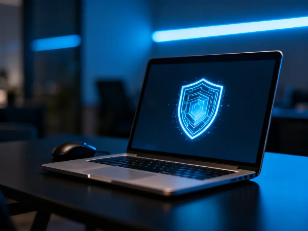 Nowoczesny laptop z ikoną cyfrowej tarczy, symbolizującą ochronę prywatności i bezpieczeństwo w sieci.