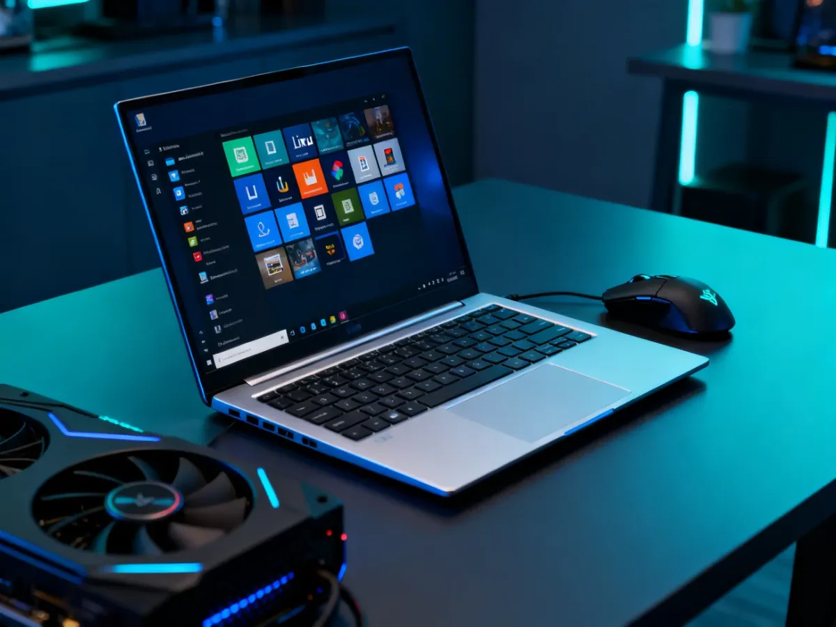 Modern Linux desktop with tiled windows beside gaming accessories