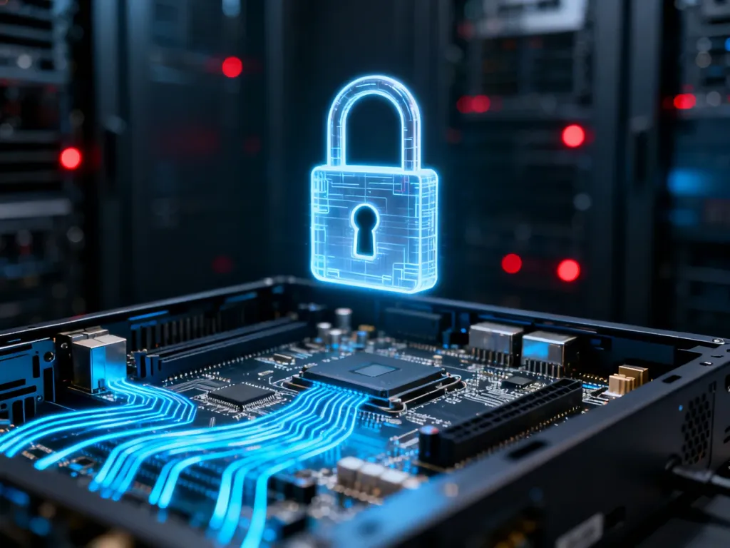 Świecąca cyfrowa kłódka nad płytą główną komputera, symbolizująca ochronę danych przed atakami typu ransomware.