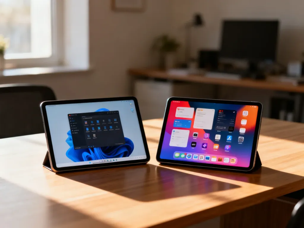 Dwa tablety na biurku: jeden z interfejsem desktopowym, drugi z mobilnym, obrazujące różnice między Windows a Androidem.