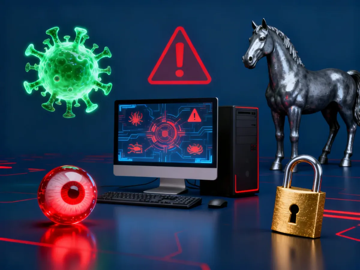 Komputer otoczony symbolami różnych rodzajów malware