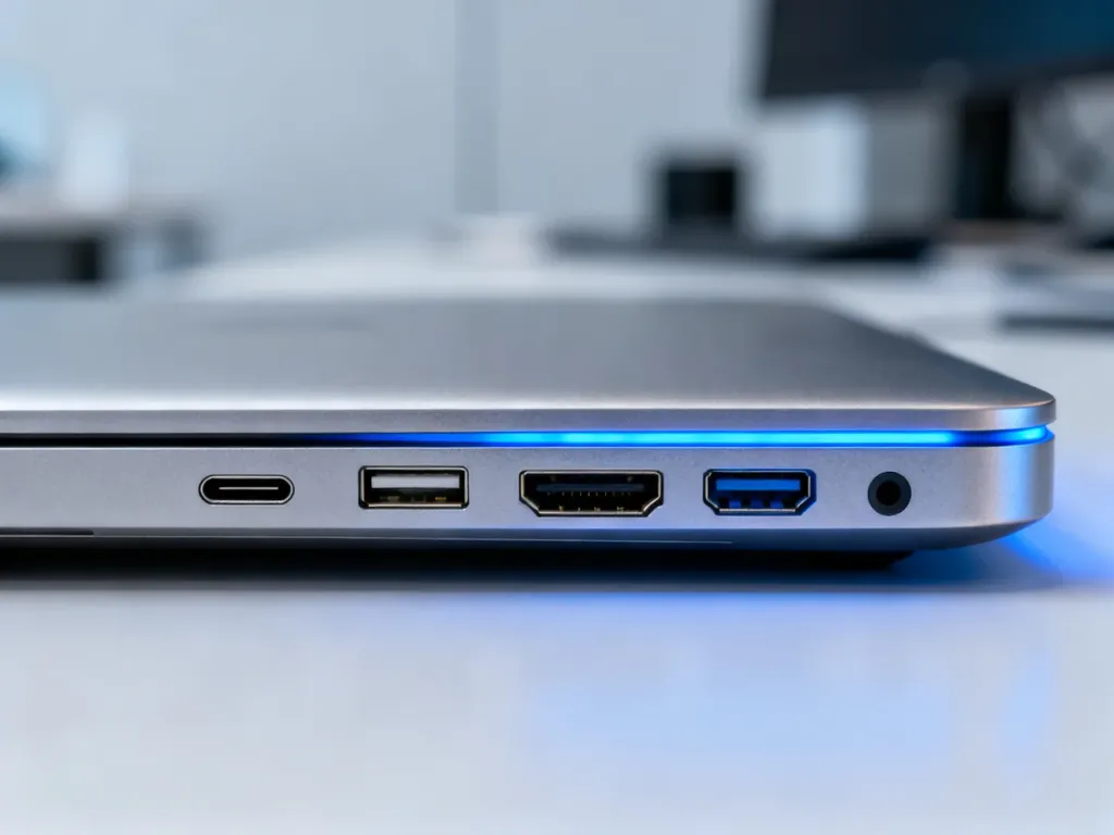 Zbliżenie na nowoczesne porty laptopa, takie jak USB-C i HDMI, wkomponowane w elegancką, metalową obudowę.