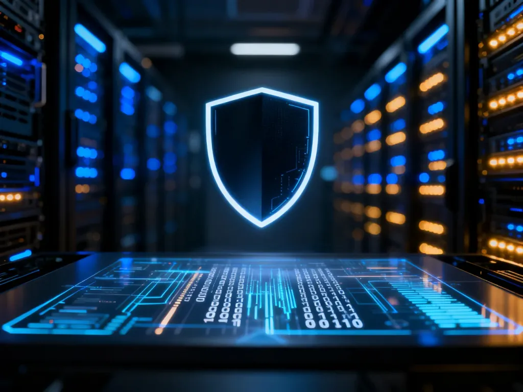 Świecąca cyfrowa tarcza na tle serwerowni, symbolizująca ochronę danych i bezpieczeństwo systemów informatycznych.