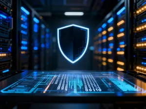 Nowoczesny laptop z ikoną cyfrowej tarczy, symbolizującą ochronę prywatności i bezpieczeństwo w sieci.