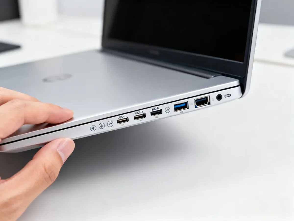 Laptop side panel with diverse ports and a person checking their functions