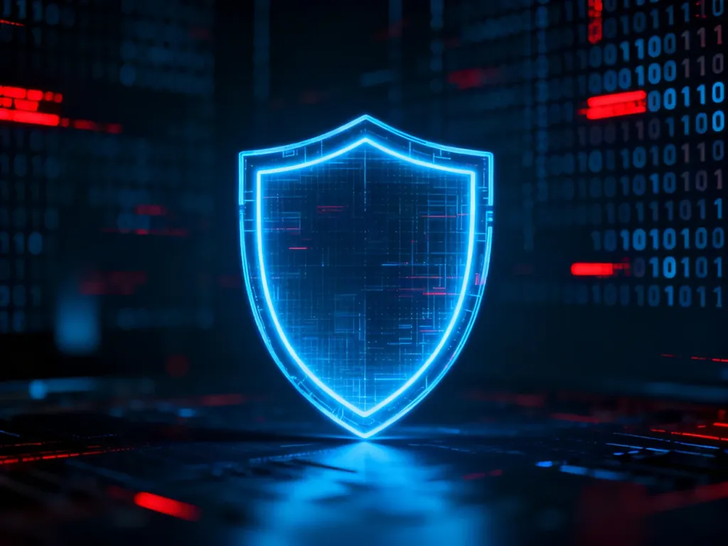 Neonowa tarcza symbolizująca ochronę przed cyberzagrożeniami na tle cyfrowego kodu.