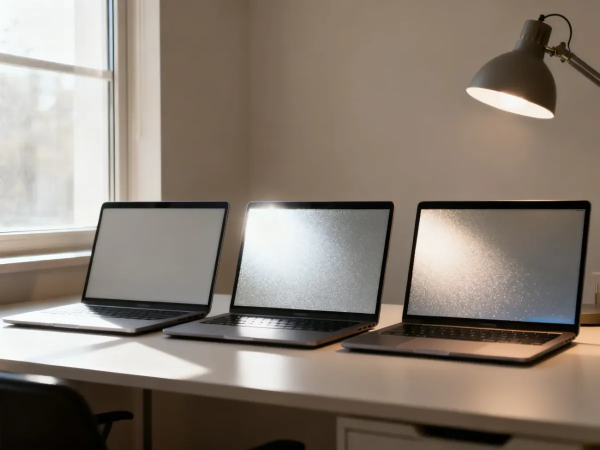 Laptop screen surfaces compared under different lighting conditions