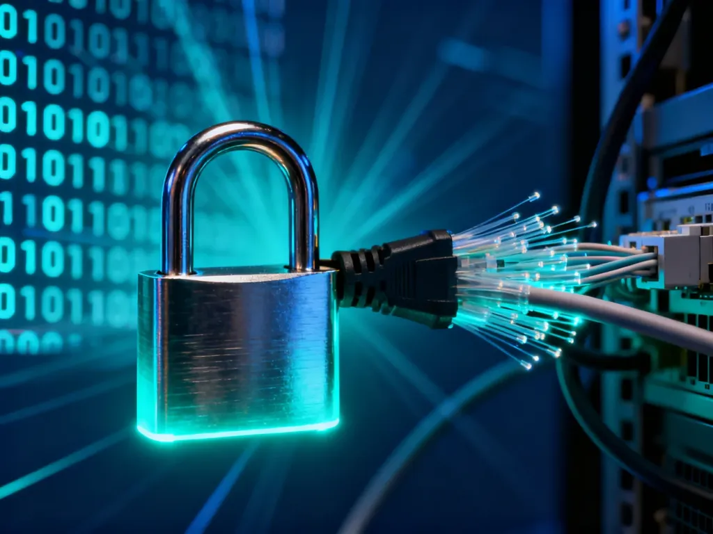 Świecąca metalowa kłódka podłączona do światłowodu na tle cyfrowej sieci, symbolizująca bezpieczeństwo danych i kryptografię.