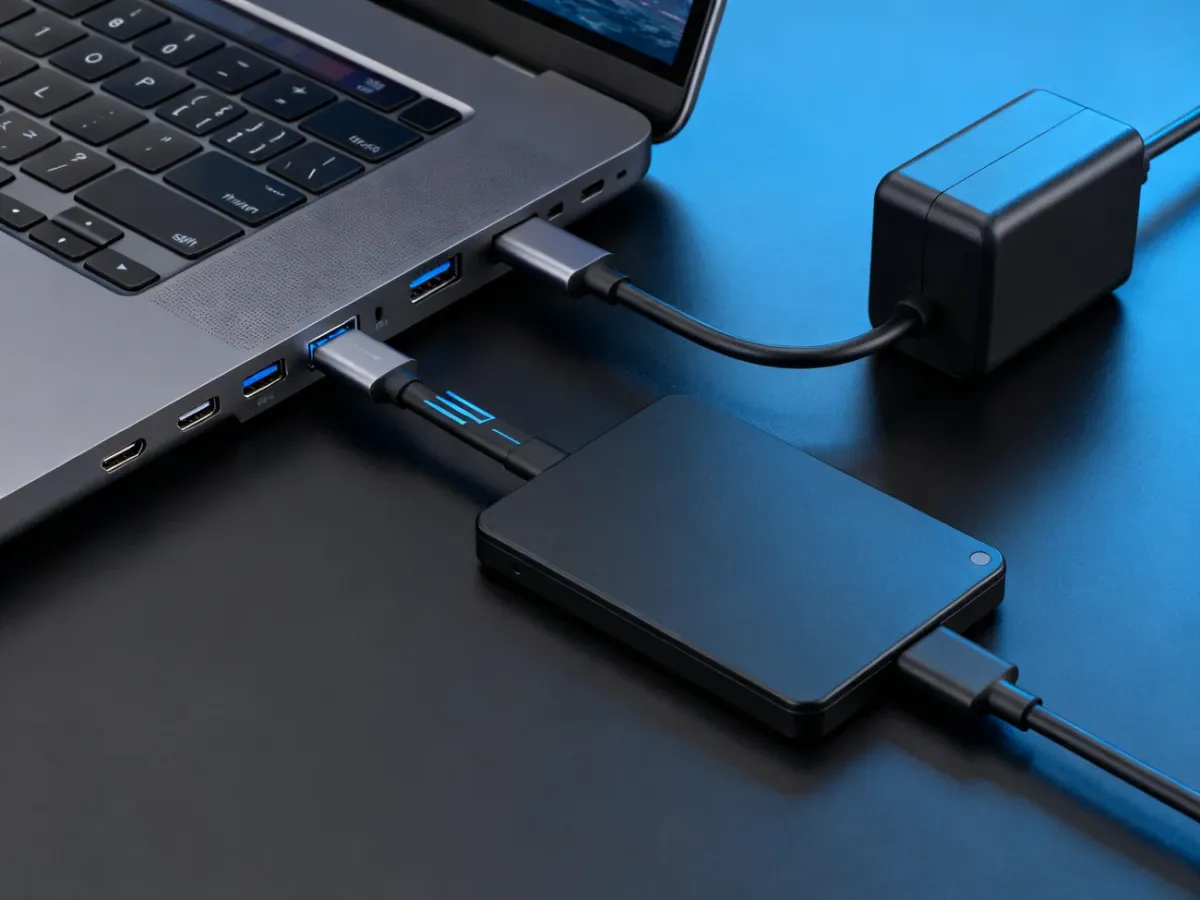 Laptop USB-C port connected to a docking station, monitors, storage drive and power supply