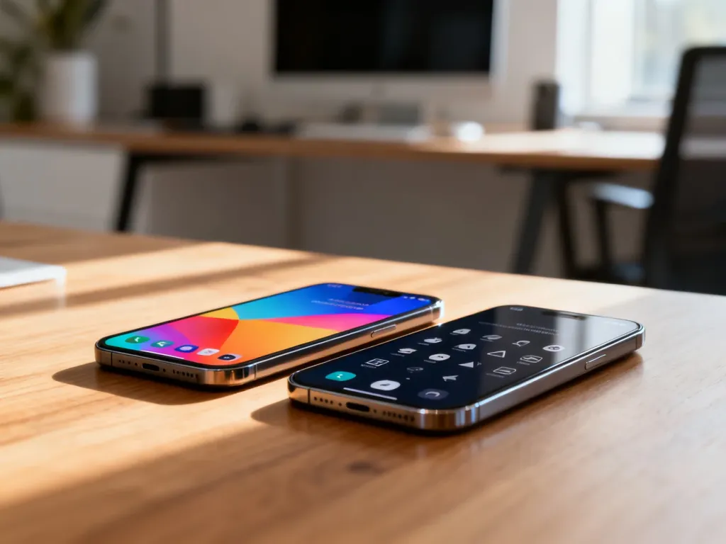 Dwa smartfony z różnymi interfejsami systemowymi leżące obok siebie na drewnianym biurku, porównujące Androida i iOS.