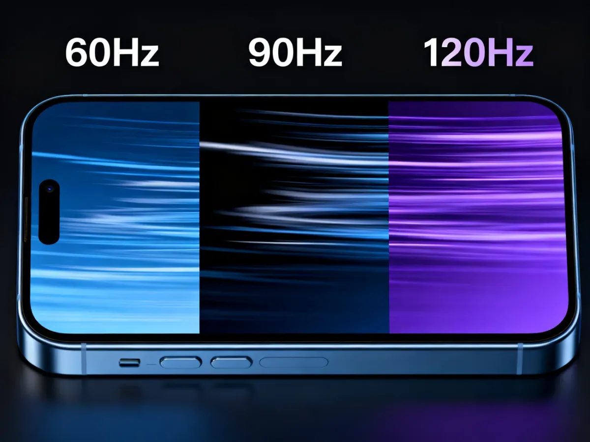 Smartfon przedstawiający porównanie płynności obrazu przy 60, 90 i 120 Hz