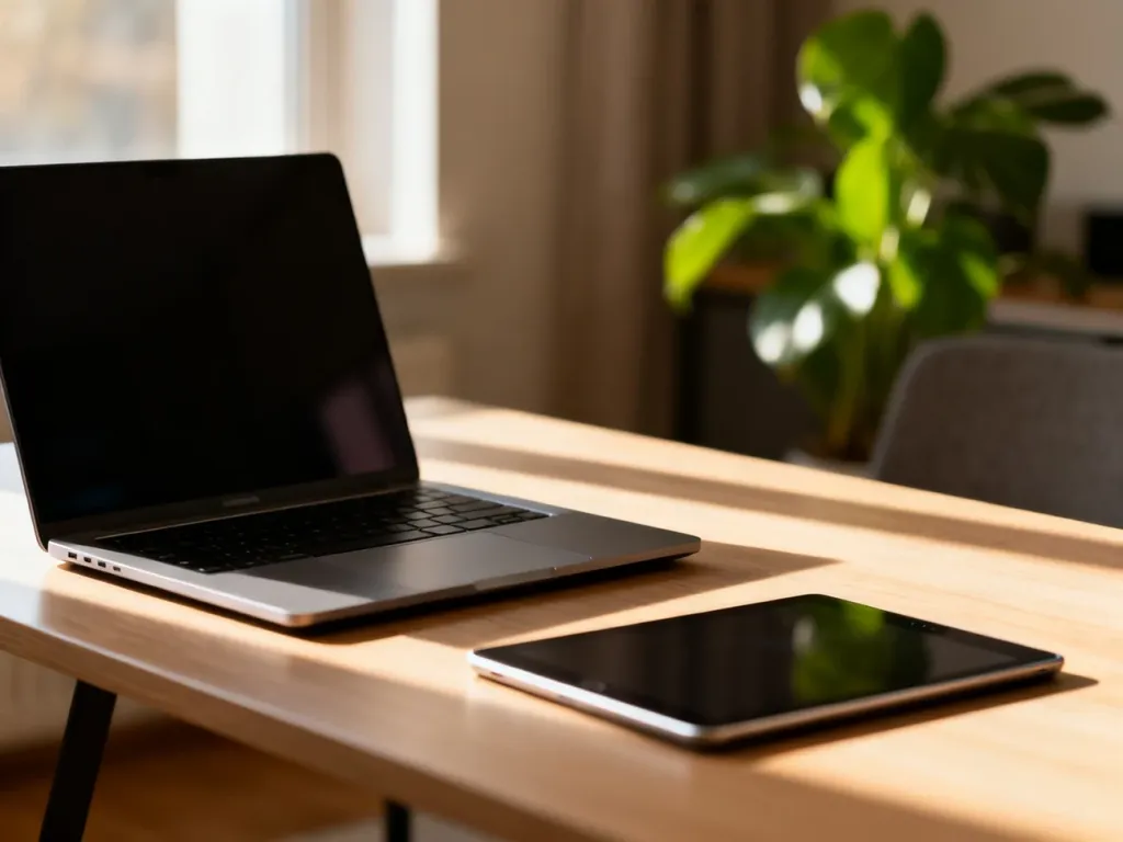 Nowoczesny laptop i tablet leżące obok siebie na drewnianym biurku w słonecznym domowym biurze.
