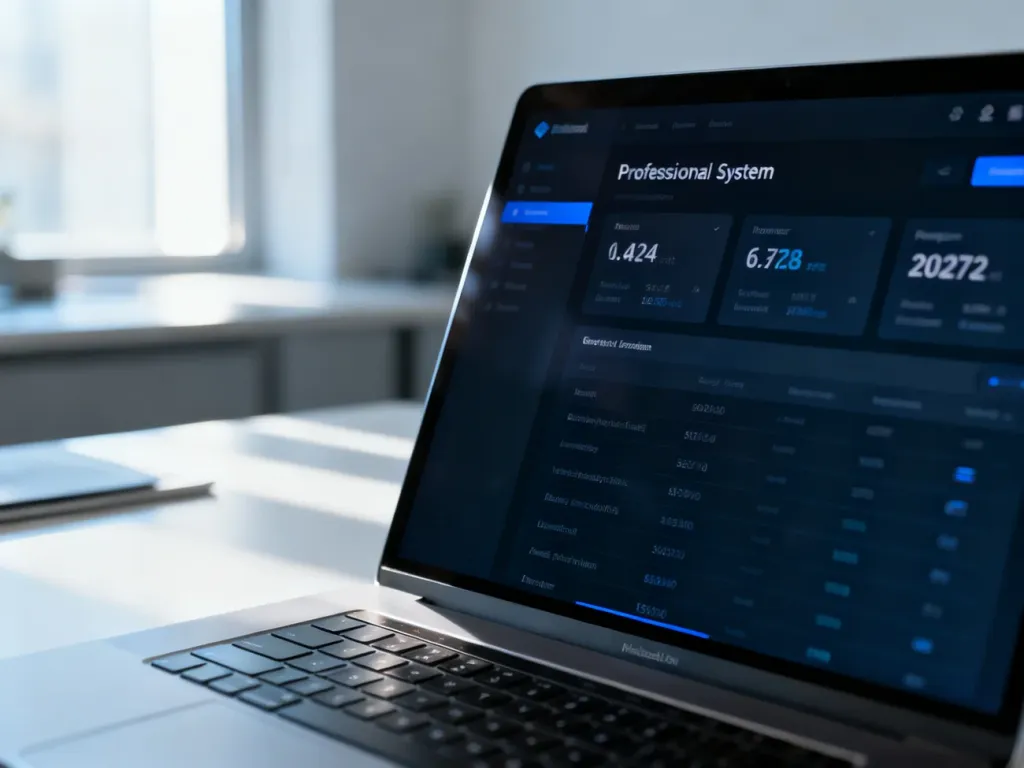 Ekran laptopa z wyświetlonymi parametrami technicznymi systemu na tle minimalistycznego biurka.