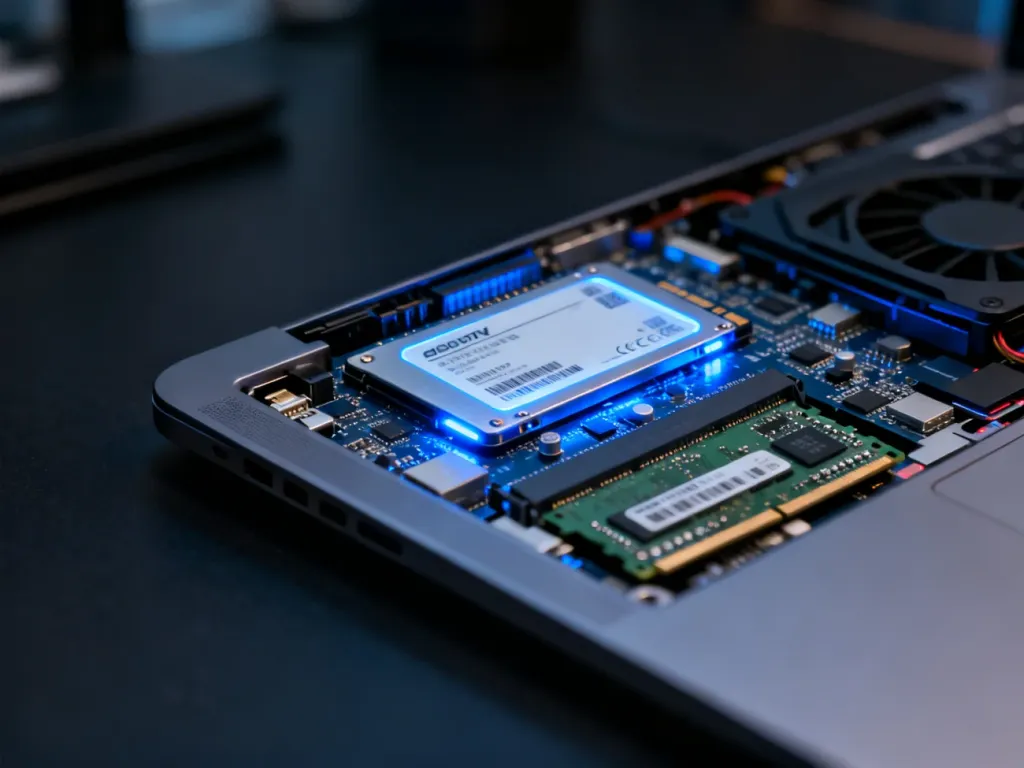 Wnętrze nowoczesnego laptopa z widocznymi podzespołami, takimi jak dysk SSD i pamięć RAM, podkreślające wydajność sprzętu.