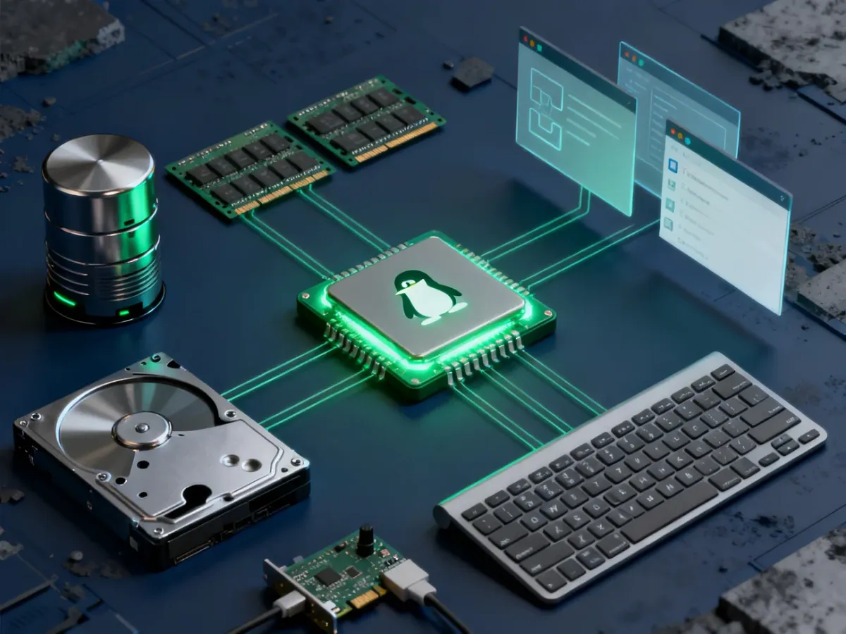 Wizualizacja jądra Linux łączącego sprzęt komputerowy z aplikacjami