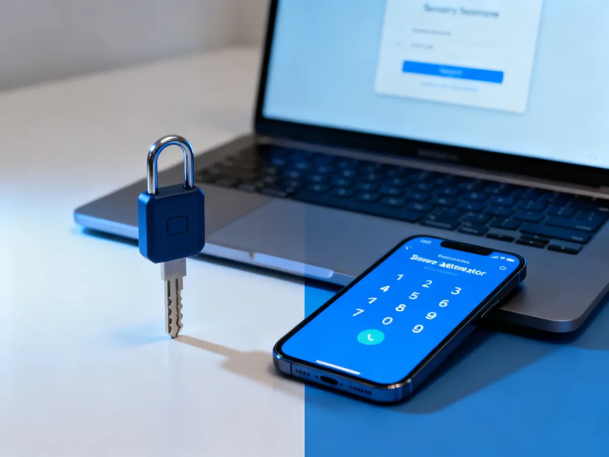 Fizyczny klucz bezpieczeństwa i smartfon z aplikacją uwierzytelniającą obok laptopa