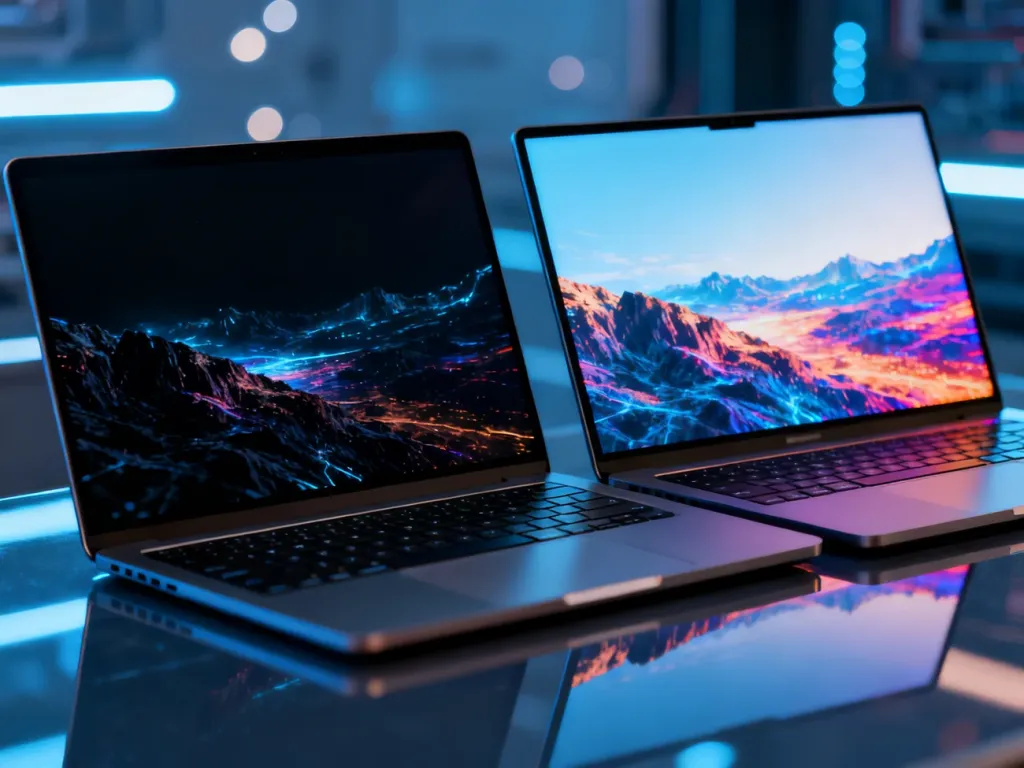 Porównanie jakości obrazu na dwóch ekranach laptopów, ukazujące różnice w kontraście, nasyceniu kolorów i kątach widzenia.