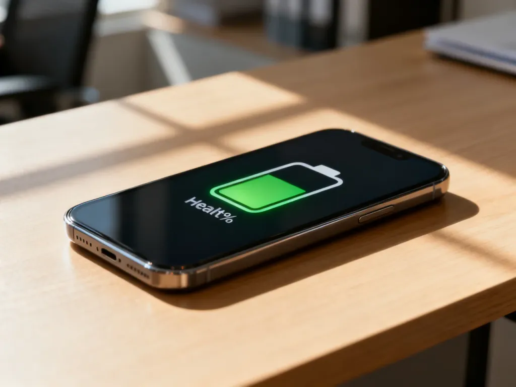Nowoczesny smartfon na drewnianym biurku z wyświetloną ikoną stanu baterii, symbolizującą sprawdzanie jej kondycji.