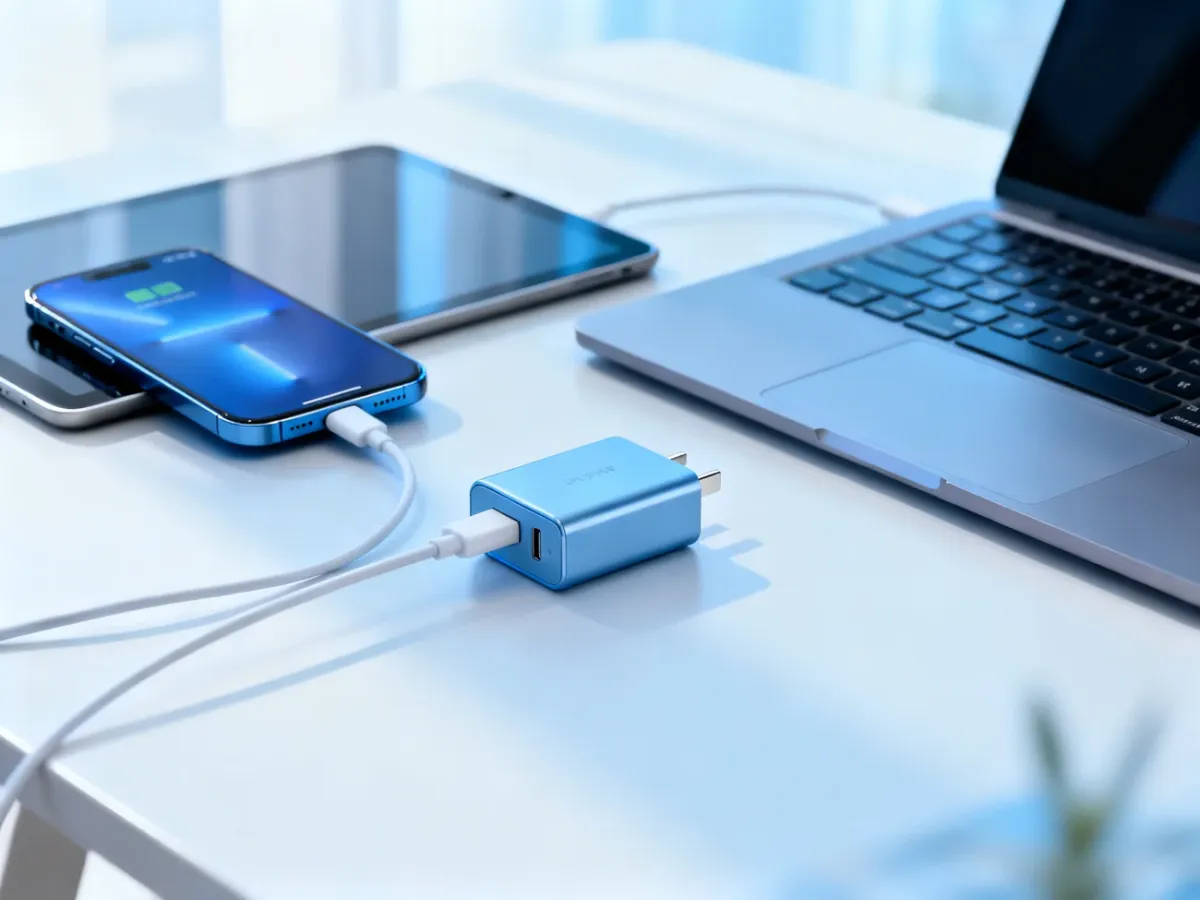 Ładowarka USB-C Power Delivery z podłączonym smartfonem, tabletem i laptopem